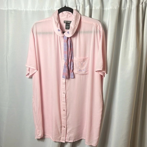 Hot Topic Tops - Hot Topic Button Down Blouse Preppy Size XL Cute Plaid Neck Bow Accent